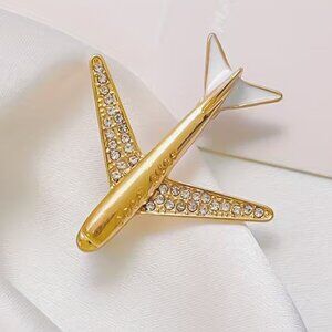 Airplane Brooch Pin - Elegant Golden-Toned with Sparkling Crystals